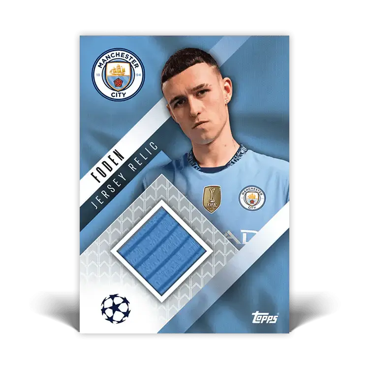 Manchester City player Phil Foden's jersey relic card featuring blue fabric swatch and team logo. Perfect for collectors!