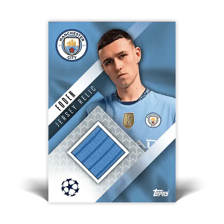 Manchester City player Phil Foden's jersey relic card featuring blue fabric swatch and team logo. Perfect for collectors!