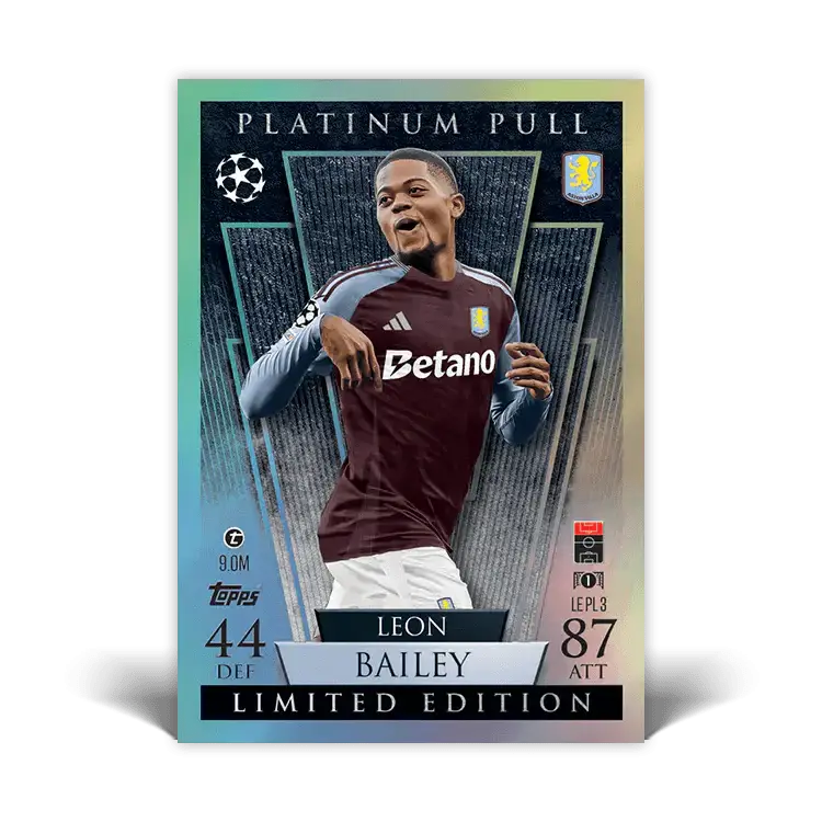 Limited Edition Leon Bailey Match Attax card featuring 87 ATT and 44 DEF stats, showcasing Platinum Pull design.