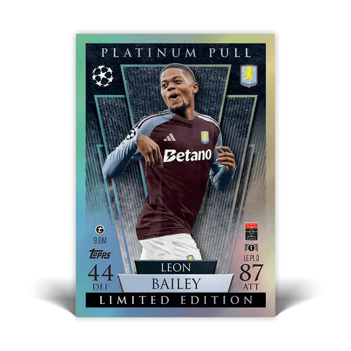 Limited Edition Leon Bailey Match Attax card featuring 87 ATT and 44 DEF stats, showcasing Platinum Pull design.