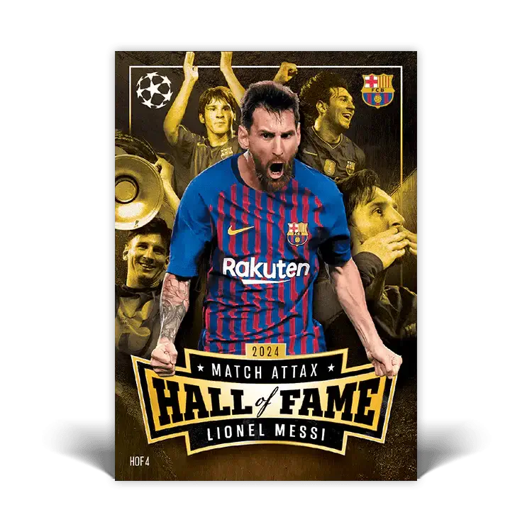 Match Attax 2024 Lionel Messi Hall of Fame card with dynamic action and vibrant Barcelona colors.