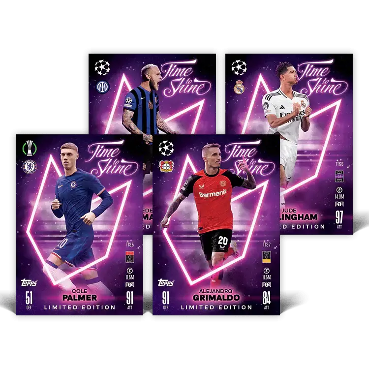 Match Attax 24/25 Time To Shine limited edition cards featuring Cole Palmer, Jude Bellingham, Alejandro Grimaldo, and more.