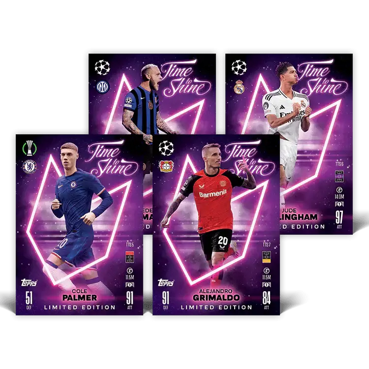 Match Attax 24/25 Time To Shine limited edition cards featuring Cole Palmer, Jude Bellingham, Alejandro Grimaldo, and more.