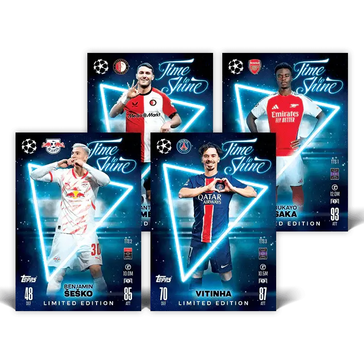 Match Attax 24/25 'Time To Shine' limited edition player cards featuring Sesko, Vitinha, Saka, and more.