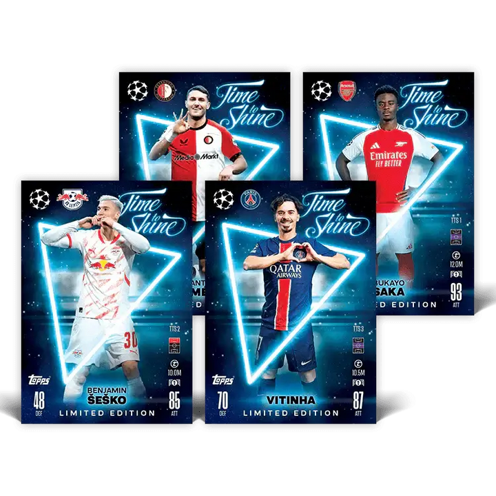 Match Attax 24/25 'Time To Shine' limited edition player cards featuring Sesko, Vitinha, Saka, and more.