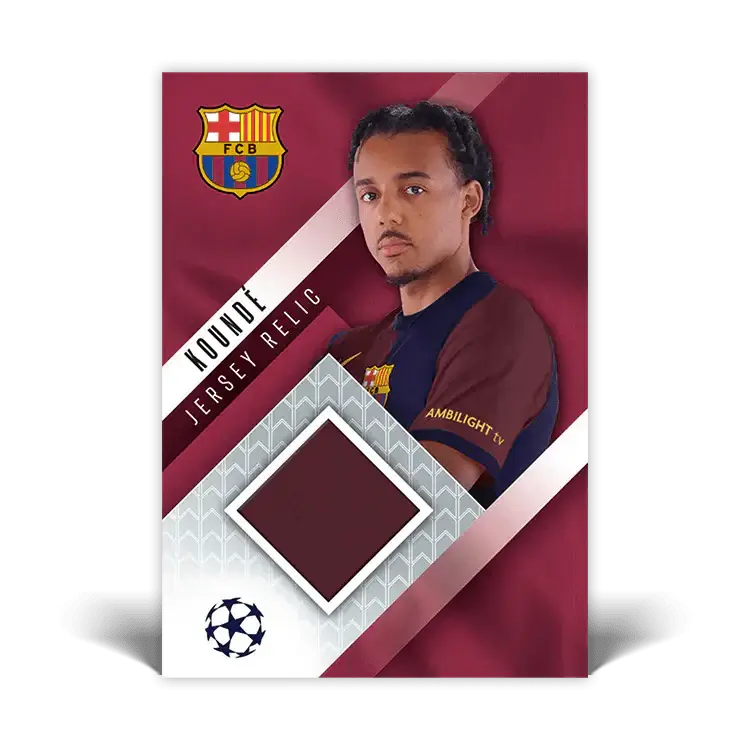 Koundé Jersey Relic card featuring Barcelona's logo and a textured background, perfect for Match Attax collectors.