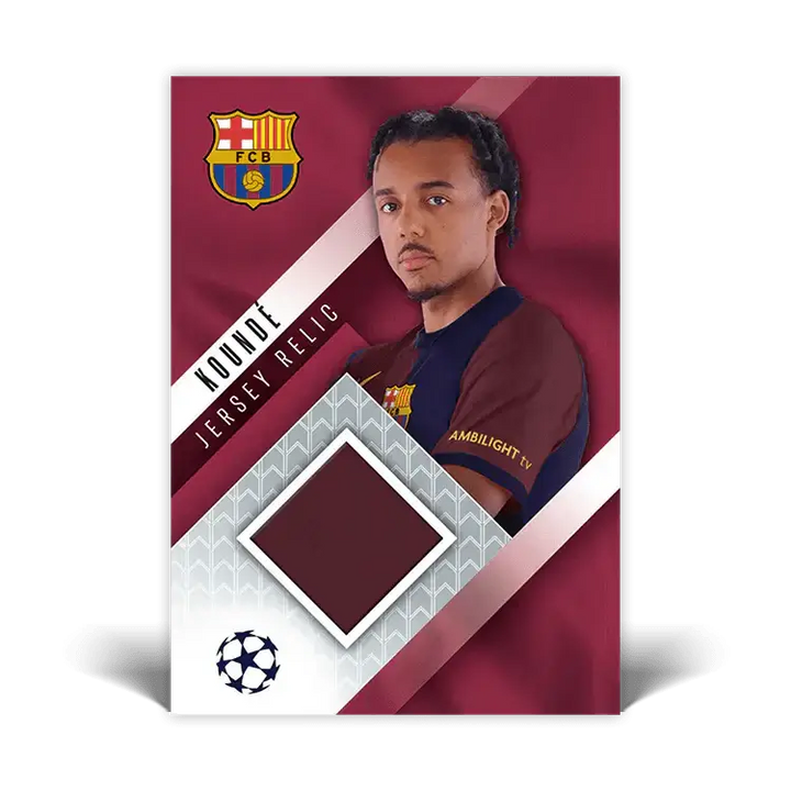 Koundé Jersey Relic card featuring Barcelona's logo and a textured background, perfect for Match Attax collectors.