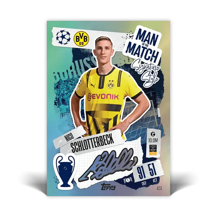 Nico Schlotterbeck Match Attax card showcasing Borussia Dortmund player with stats and signature.