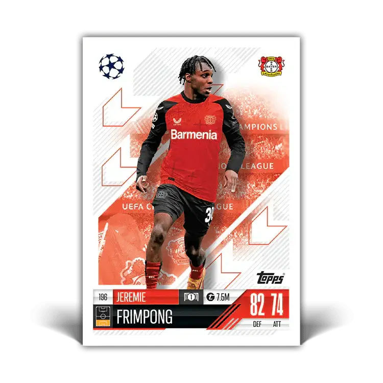 Jeremie Frimpong Match Attax card showcasing UEFA Champions League action and player stats, perfect for collectors.