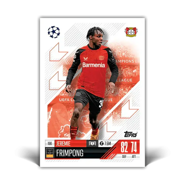 Jeremie Frimpong Match Attax card showcasing UEFA Champions League action and player stats, perfect for collectors.