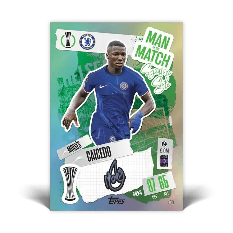 Moses Caicedo Match Attax card showcasing player stats and Chelsea branding on a vibrant green background.