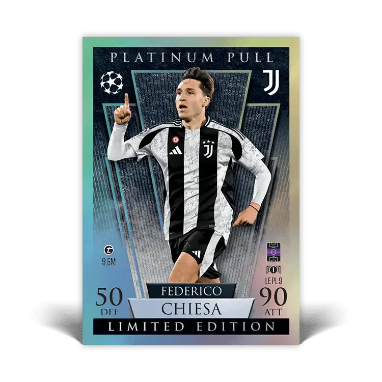 Limited Edition Platinum Pull card of Federico Chiesa from Juventus featuring 50 DEF and 90 ATT stats.