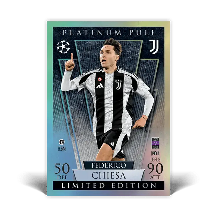 Limited Edition Platinum Pull card of Federico Chiesa from Juventus featuring 50 DEF and 90 ATT stats.