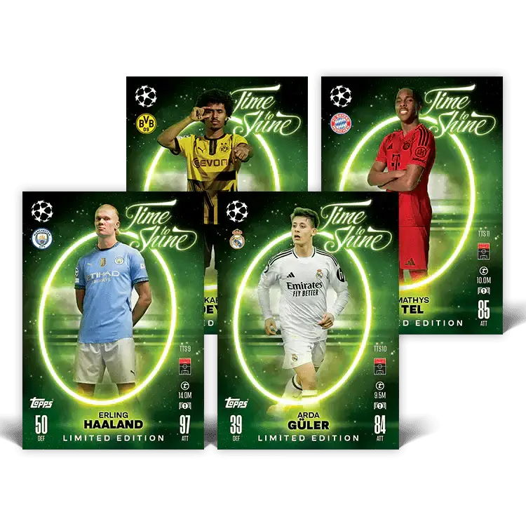 Match Attax 24/25 Mega Tin 'Time To Shine' featuring limited edition player cards Erling Haaland, Arda Güler, and more.