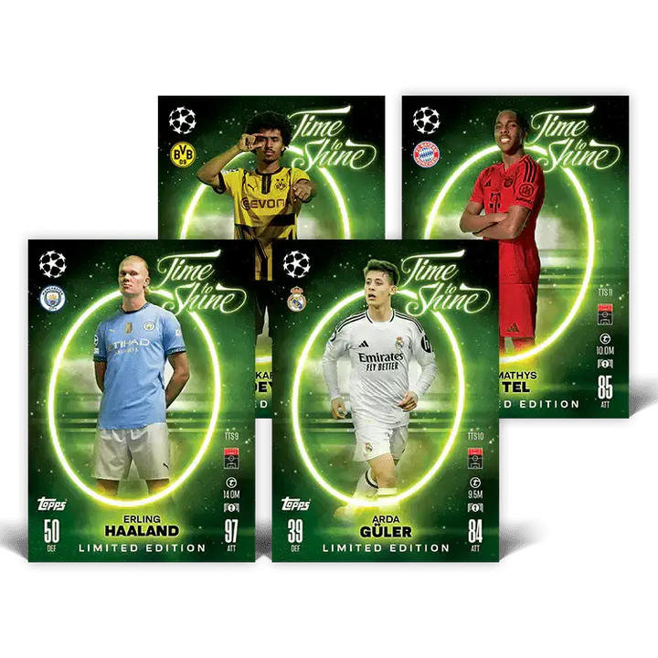 Match Attax 24/25 Mega Tin 'Time To Shine' featuring limited edition player cards Erling Haaland, Arda Güler, and more.