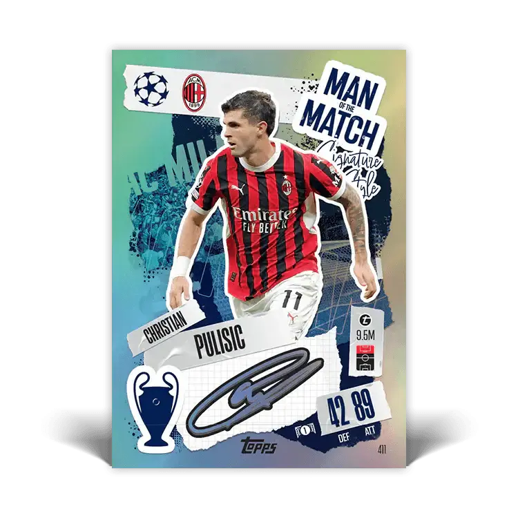 Match Attax card featuring Christian Pulisic, displaying stats and design in vibrant colors, celebrating his achievements.