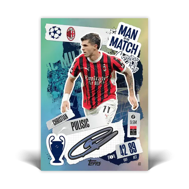 Match Attax card featuring Christian Pulisic, displaying stats and design in vibrant colors, celebrating his achievements.