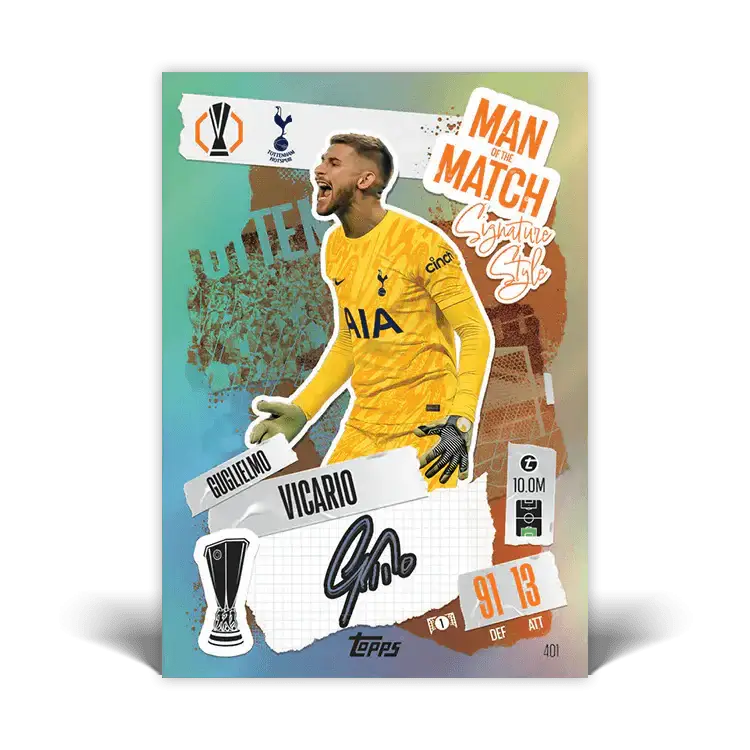 Match Attax card of Vicario as Man of the Match, showcasing stats 91 DEF 13 ATT, vibrant design with Tottenham Spurs branding.