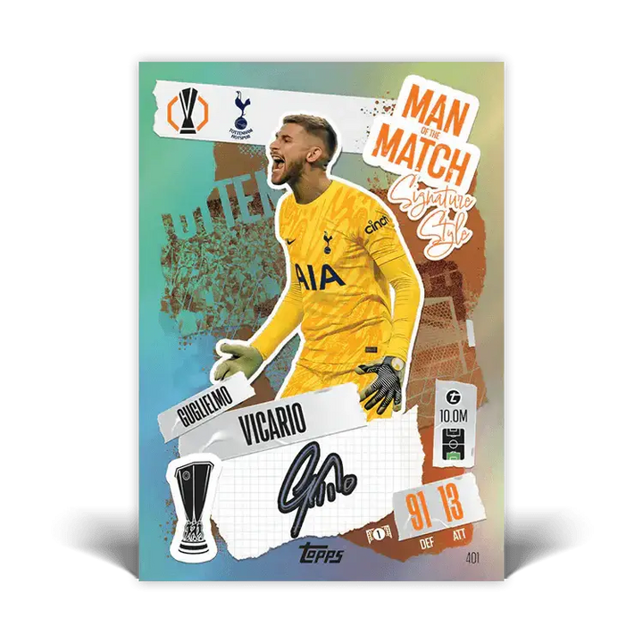 Match Attax card of Vicario as Man of the Match, showcasing stats 91 DEF 13 ATT, vibrant design with Tottenham Spurs branding.