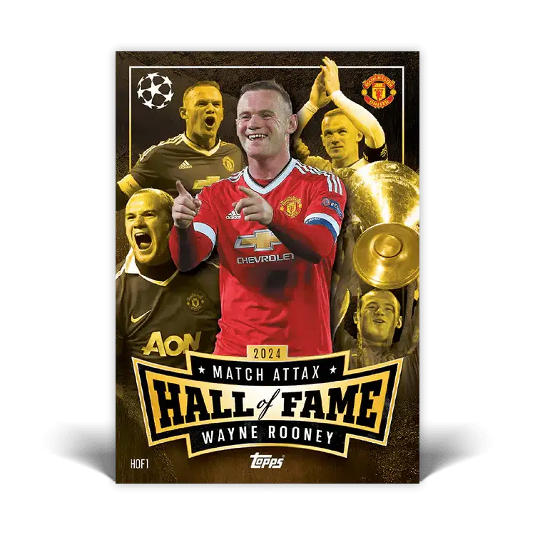 Wayne Rooney Match Attax Hall of Fame card featuring iconic moments and achievements in football, 2024 edition.