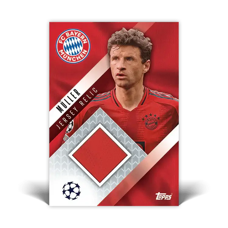 Thomas Müller Jersey Relic card from FC Bayern München featuring UEFA Champions League design.