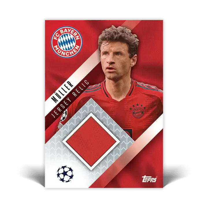 Thomas Müller Jersey Relic card from FC Bayern München featuring UEFA Champions League design.