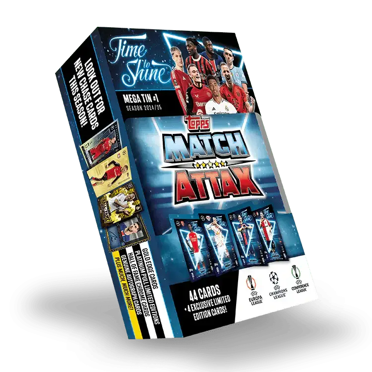 Match Attax 24/25 Mega Tin 'Time To Shine' featuring 44 cards, UEFA Champions League players, and exclusive limited editions.