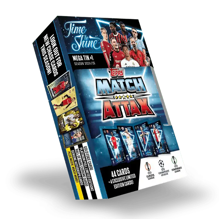 Match Attax 24/25 Mega Tin 'Time To Shine' featuring 44 cards, UEFA Champions League players, and exclusive limited editions.