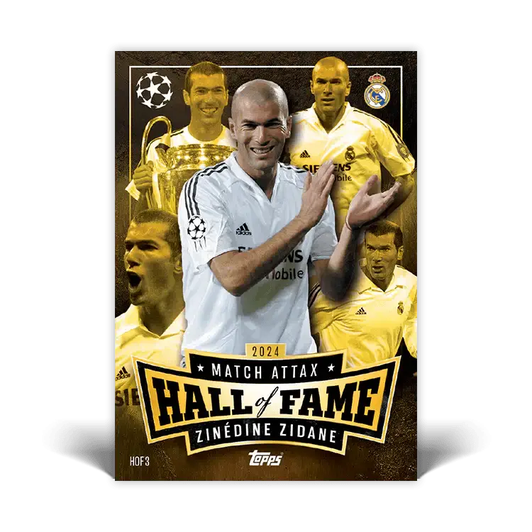 Match Attax 2024 Hall of Fame card featuring Zinédine Zidane, showcasing iconic moments in football history.