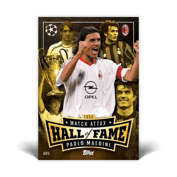 Match Attax 2024 Hall of Fame card featuring Paolo Maldini, showcasing his iconic moments and achievements.