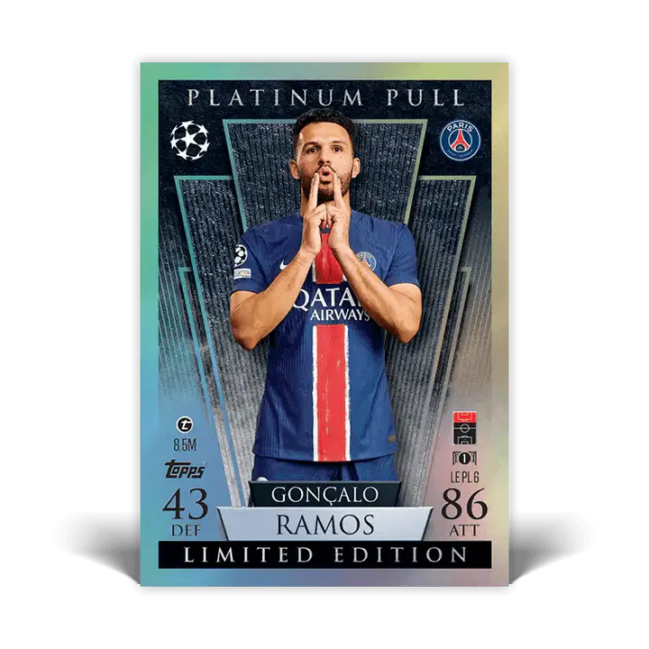 Limited edition Gonçalo Ramos Platinum Pull Match Attax card with stats and PSG team branding.