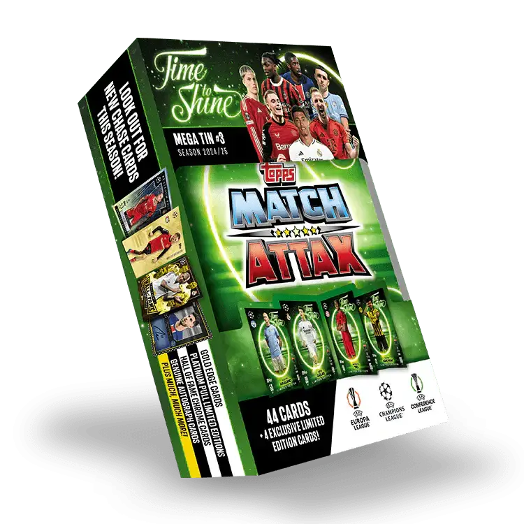 Match Attax 24/25 Mega Tin 'Time To Shine' featuring UEFA cards and exclusive limited editions for football fans.