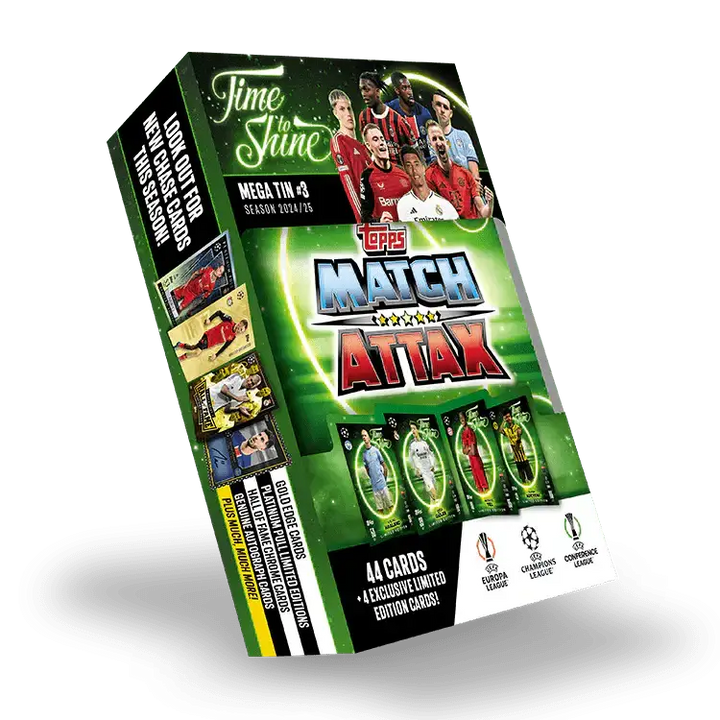 Match Attax 24/25 Mega Tin 'Time To Shine' featuring UEFA cards and exclusive limited editions for football fans.