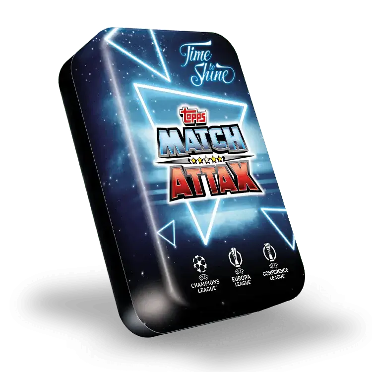 Match Attax 24/25 Mega Tin 'Time To Shine' featuring UEFA Champions League graphics and iconic card categories.