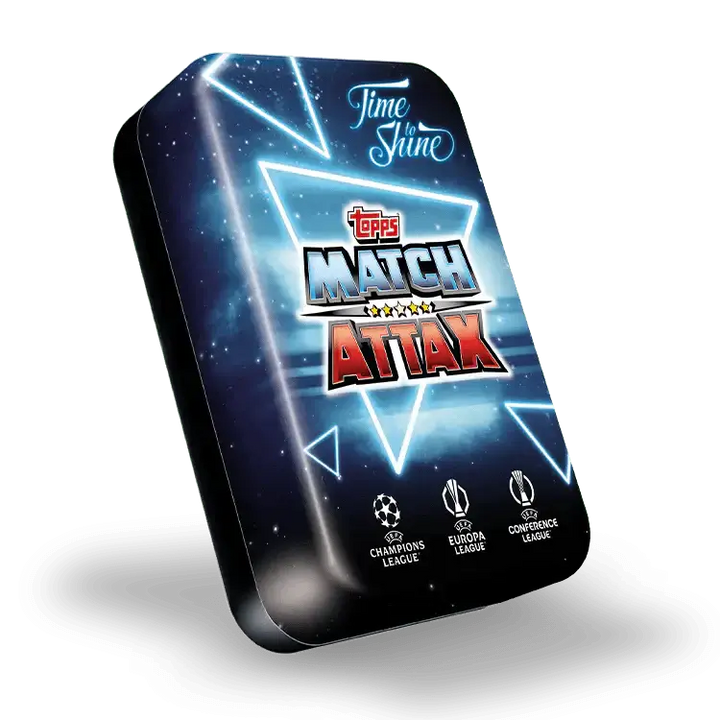 Match Attax 24/25 Mega Tin 'Time To Shine' featuring UEFA Champions League graphics and iconic card categories.