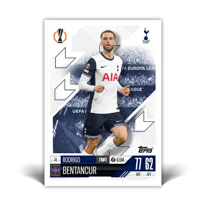 Rodrigo Bentancur Match Attax card showcasing his UEFA Europa League stats and Tottenham Hotspur uniform.