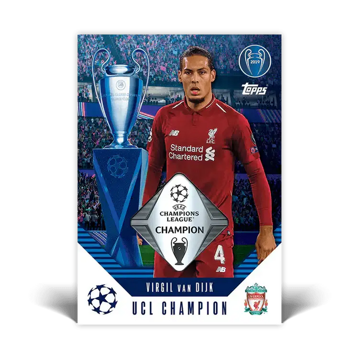 Virgil van Dijk Champions League card, showcasing Liverpool FC pride with trophy and UCL champion details.