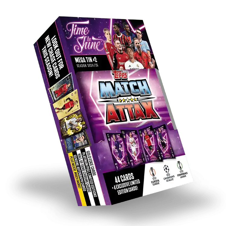 Match Attax 24/25 Mega Tin 'Time To Shine' showcasing 44 cards and exclusive limited edition cards from top UEFA leagues.