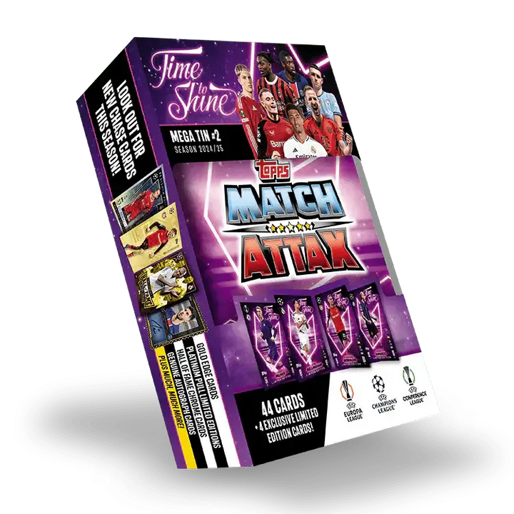 Match Attax 24/25 Mega Tin 'Time To Shine' showcasing 44 cards and exclusive limited edition cards from top UEFA leagues.