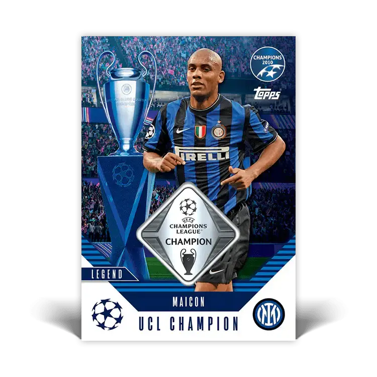 Maicon Champions League Legend card with trophy, showcasing UCL Champion status and Inter Milan colors.