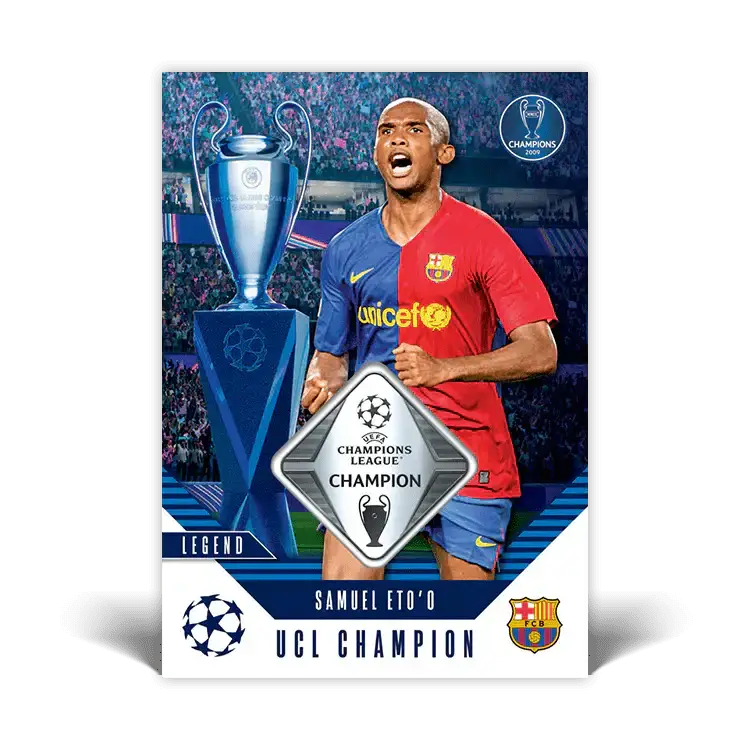 Samuel Eto'o UCL Champion card featuring the UEFA Champions League trophy and Barcelona kit.