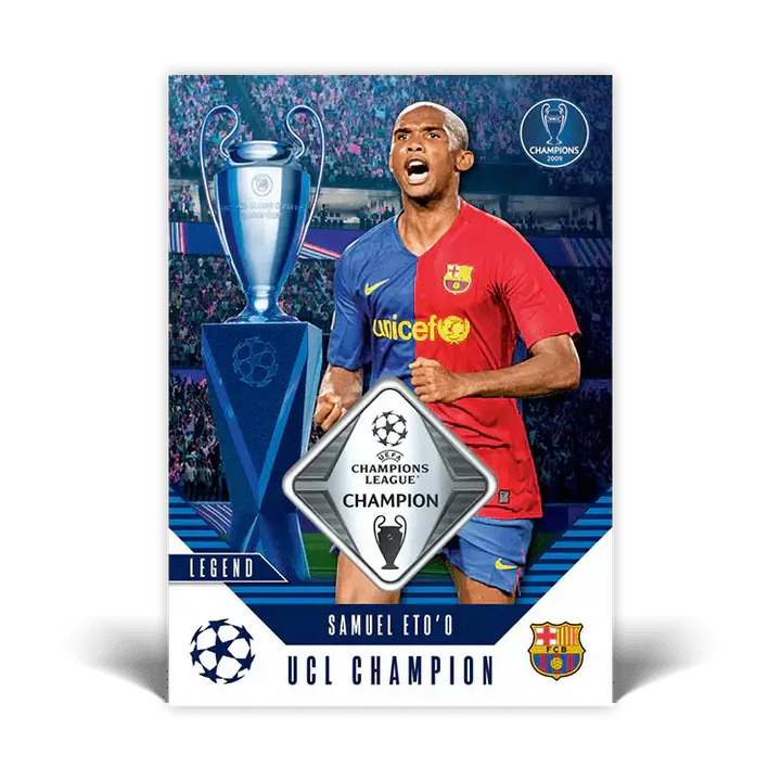 Samuel Eto'o UCL Champion card featuring the UEFA Champions League trophy and Barcelona kit.