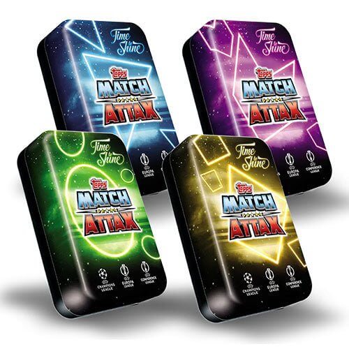 Four colorful Match Attax 24/25 Mega Tins titled 'Time To Shine' featuring UEFA Champions League designs.