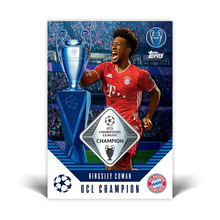 Kingsley Coman UCL Champion card featuring trophy celebration with Bayern Munich colors and UEFA Champions League logo.