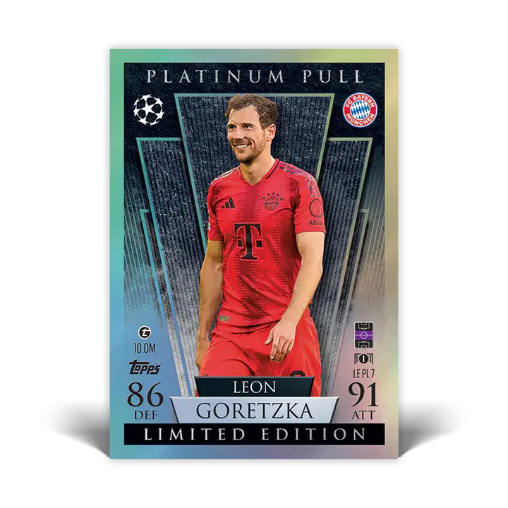 Limited Edition Leon Goretzka Platinum Pull trading card featuring Bayern Munich striker in action.