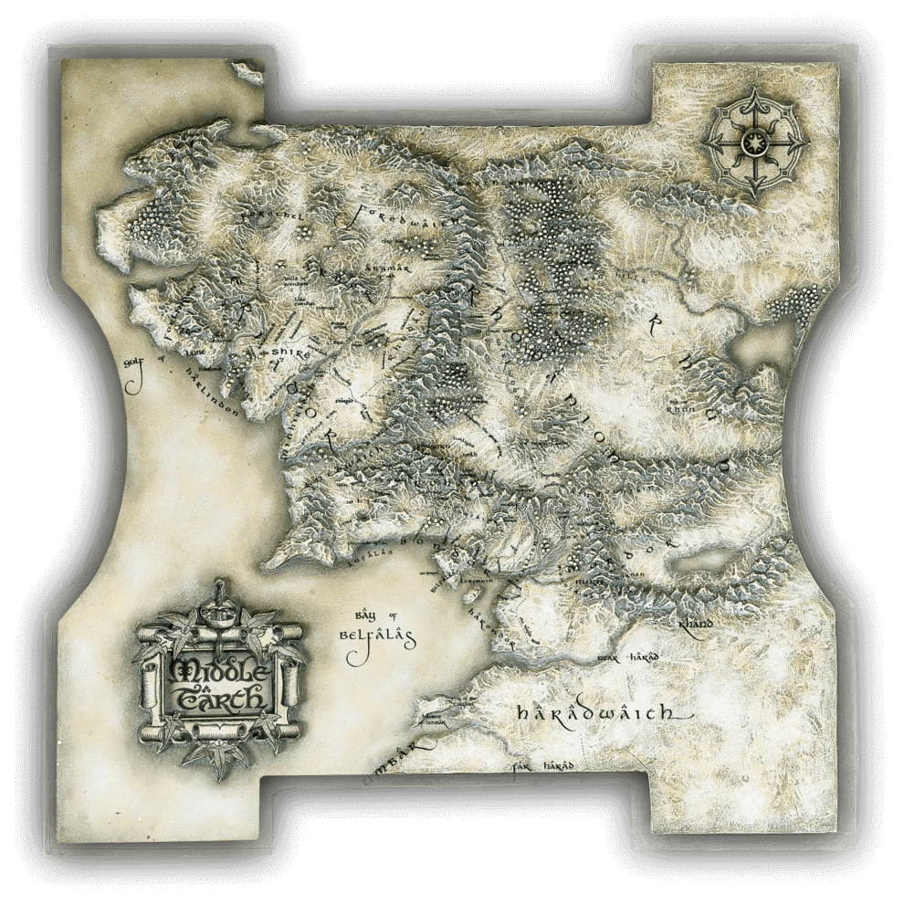alt_tag: Detailed map of Middle-earth from the Lord of the Rings Chess Set, showcasing key locations and landmarks.
