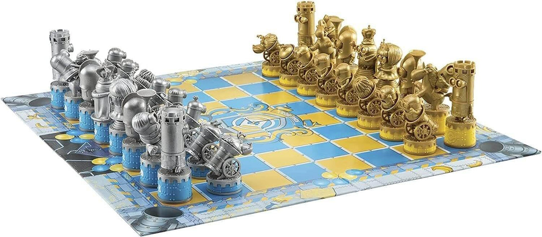 Minions Medieval Mayhem Chess Set Despicable Me featuring silver and gold knight pieces on a blue and yellow board.