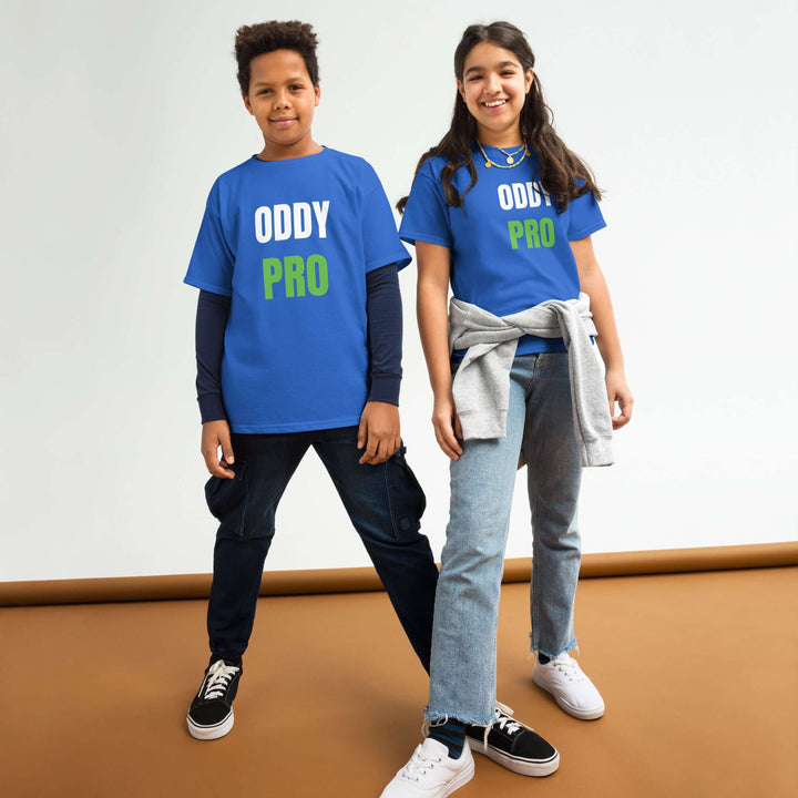 Oddy Pro Youth classic t-shirt worn by two children in blue, showcasing style and comfort.