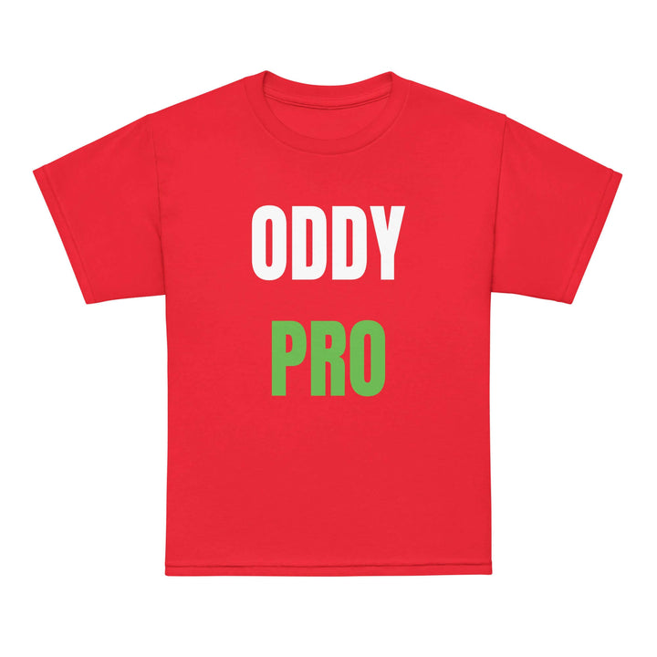 Oddy Pro youth moisture-wicking t-shirt in red with bold white and green lettering, designed for active kids.
