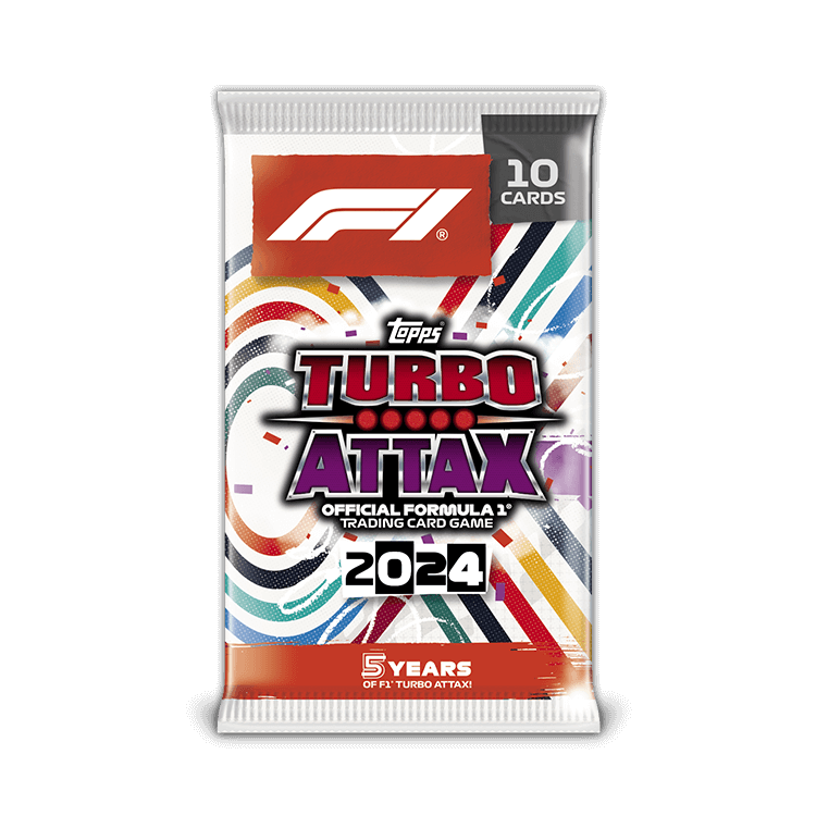 Pack of Topps Turbo Attax 2024 Formula 1 trading cards, featuring 10 cards for collectors and F1 fans.